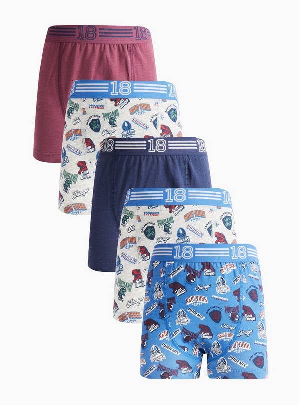 Varsity Printed Trunks 5 Pack 8-9 years